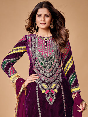Rajwada Women Violet Velvet Embroidered Stitched Kurta Set