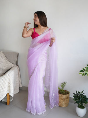 Rajwada Pink Organza Embroidered Saree With Unstitched Blouse For Women