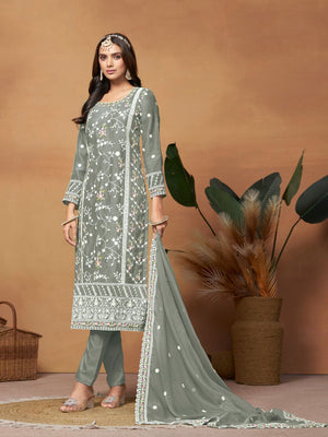 Rajwada Grey Embroidered Semi Stitched Kurta Set For Women