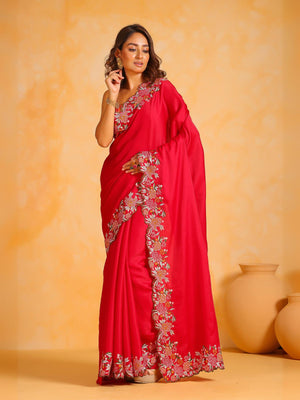 Rajwada Red Silk Blend Embroidered Saree With Unstitched Blouse For Women