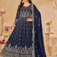 Rajwada Navy Blue Georgette Embroidered Semi stitched Kurta Set For Women
