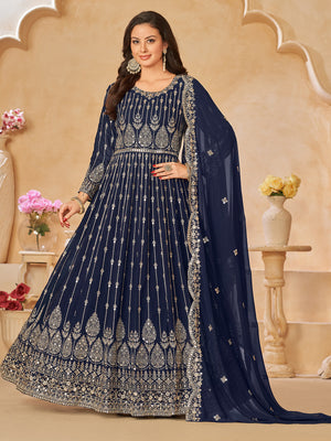 Rajwada Navy Blue Georgette Embroidered Semi stitched Kurta Set For Women