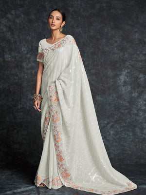 Rajwada White Embroidered Georgette Saree With Unstitched Blouse For Women