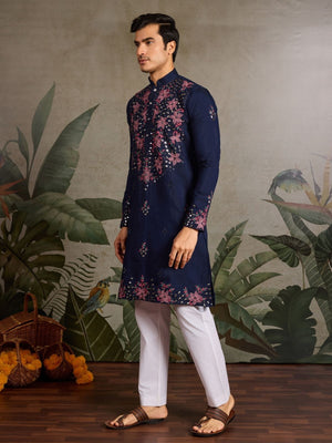 Rajwada Navy Blue Silk Blend Embroidered Stitched Kurta For Men