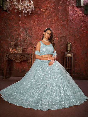 Rajwada Sky Blue Net Embellished Semi Stitched Lehenga With Unstitched Blouse for Women