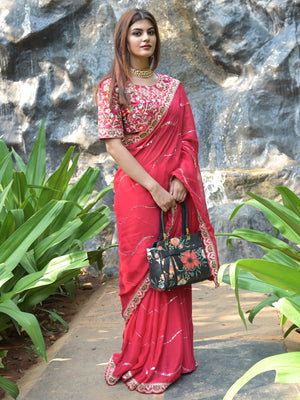 Rajwada Red Sequins Embroidered Satin Rangoli Saree with Stitched Blouse for Women