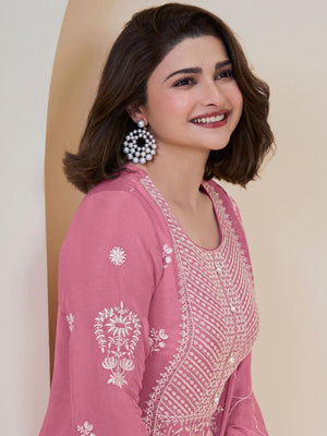 Rajwada Pink Chinon Embroidered Semi-Stitched Kurta Set For Women
