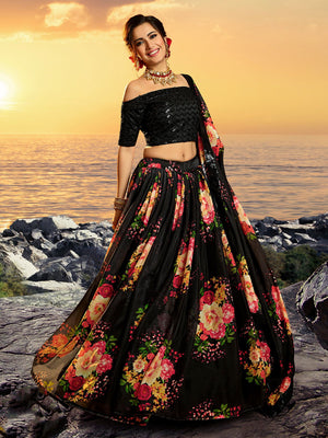 Rajwada Women Black Classy Semi Stitched Lehenga With  Unstitched Blouse