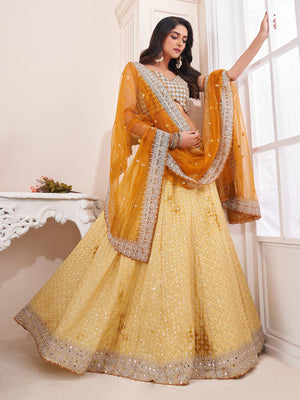 Rajwada Yellow Shibori Crepe Embroidered Semi Stitched Lehenga With Unstitched Blouse for Women