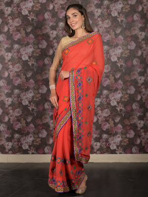 Rajwada Red Embroidered Chiffon Saree Without Blouse for Women