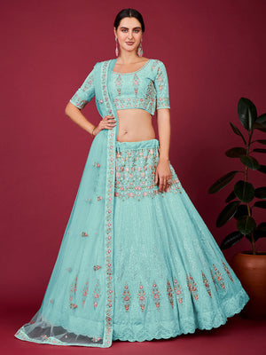 Rajwada Sky Blue Georgette Embellished Semi Stitched Lehenga With Unstitched Blouse for Women
