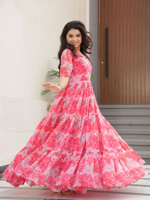 Rajwada Pink Georgette Printed Stitched Gown For Women