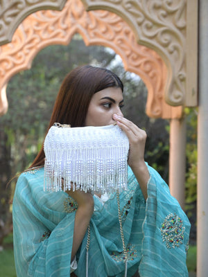 Rajwada White All-Pearls Tasseled Sling Bag For Women