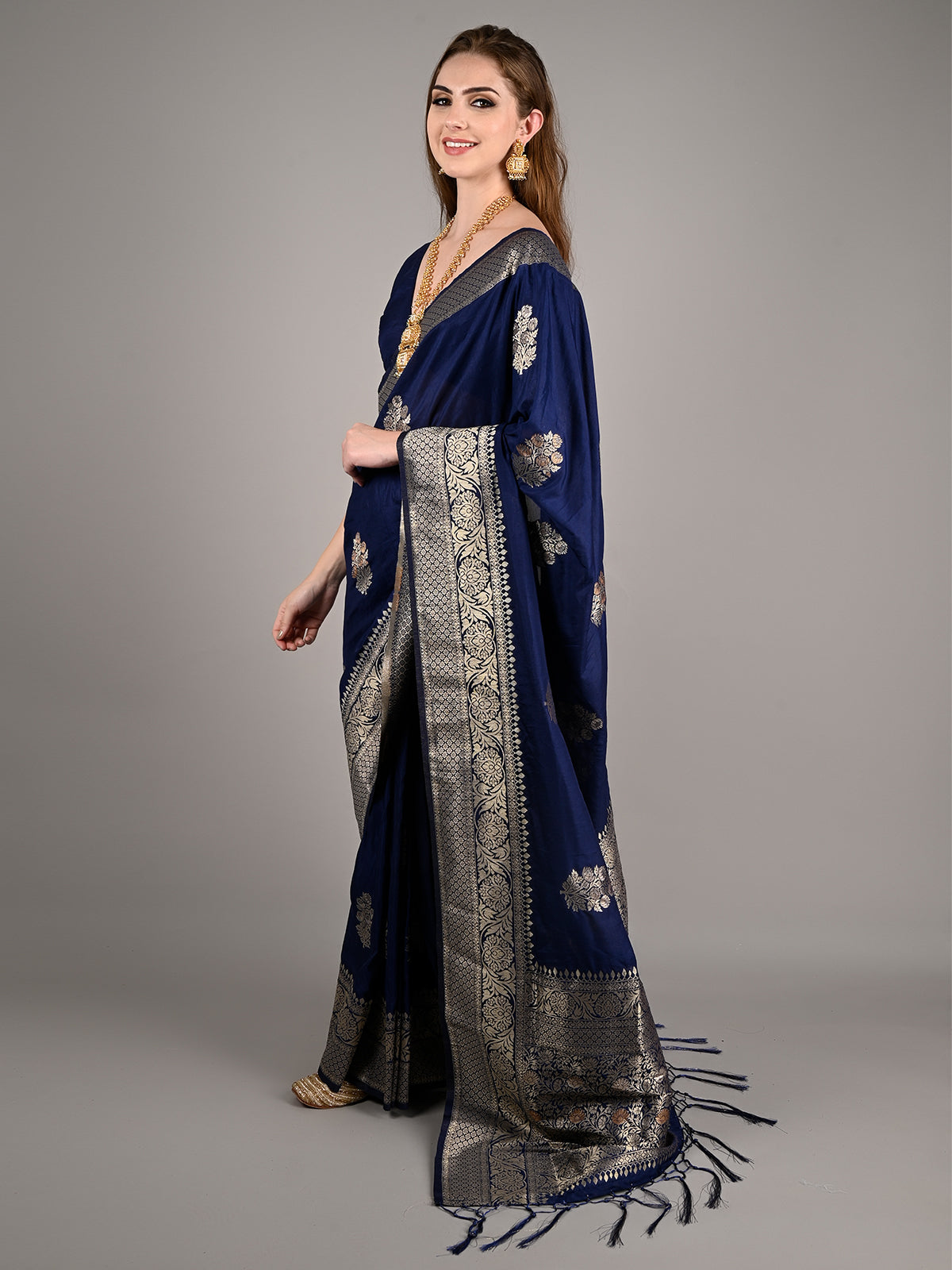 Dark Blue Nylon Woven Saree With Unstitched Blouse