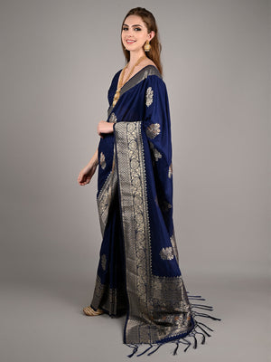 Dark Blue Nylon Woven Saree With Unstitched Blouse
