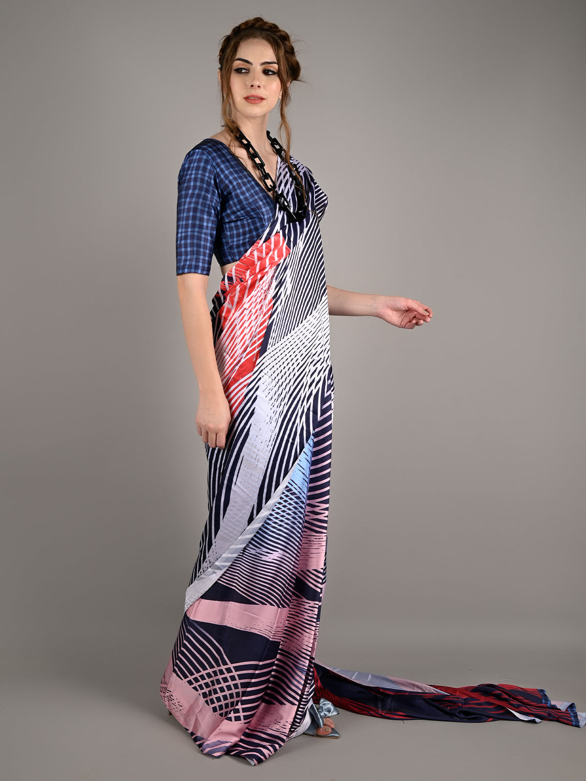 Multicolor Silk Blend Digital Stripes Print Saree With Unstitched Blouse