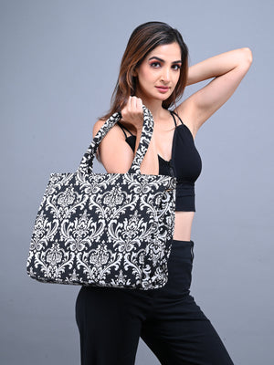 Rajwada Black And White Woven Tote Bag for Women