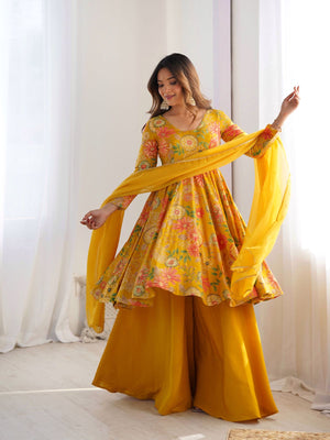 Rajwada Yellow Silk Blend Printed Stitched Kurta Set For Women