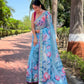 Rajwada Blue Organza Printed Saree With Unstitched Blouse For Women