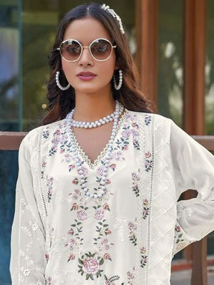 Rajwada White Georgette Embellished Semi-Stitched Kurta Set For Women