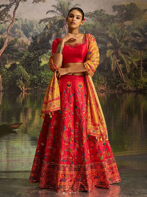 Rajwada Red Silk Blend Embroidered Semi-Stitched Lehenga Choli For Women