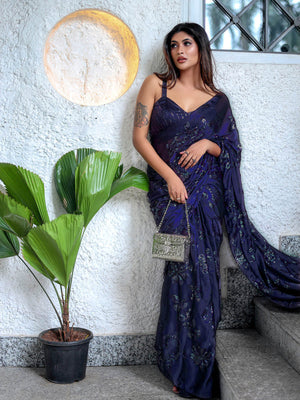 Rajwada Women Dark Blue Sequin Saree With Unstitched Blouse