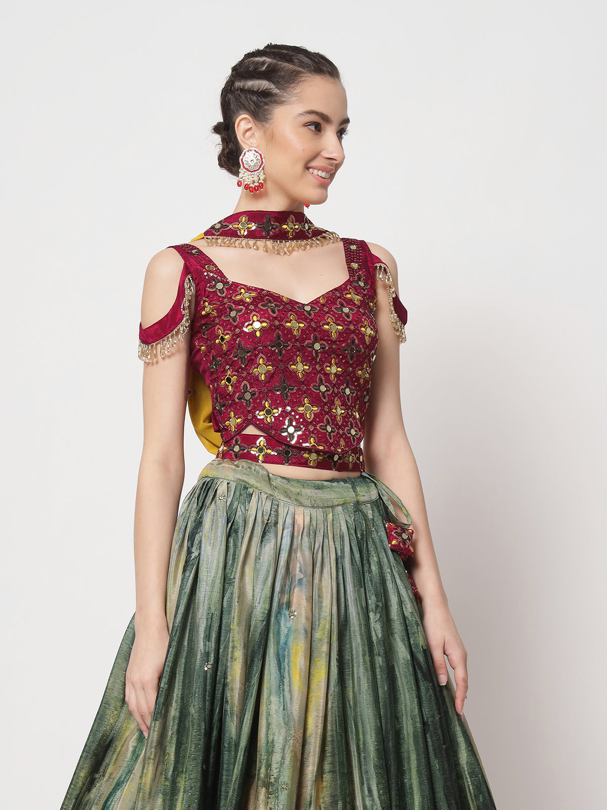 Rajwada - Green Chinnon Silk Print with Sequin Embroidered Semi Stitched Lehenga Choli