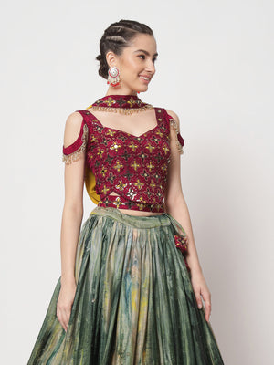 Rajwada - Green Chinnon Silk Print with Sequin Embroidered Semi Stitched Lehenga Choli