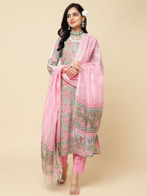 Rajwada Pink Cotton Blend Printed Stitched Kurta Set For Women