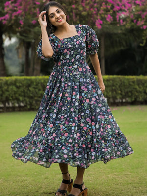 Rajwada Black Georgette Stitched Floral Printed Indo Western Dress For Women