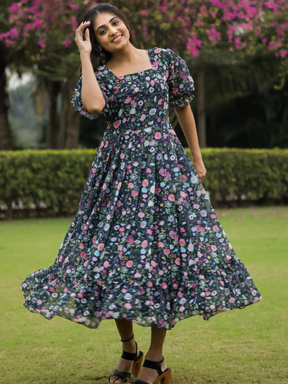 Rajwada Black Georgette Stitched Floral Printed Indo Western Dress For Women