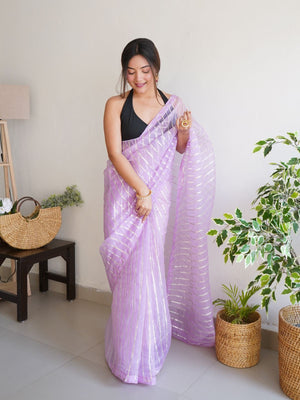 Rajwada Pink Organza Lace Work Saree With Unstitched Blouse For Women