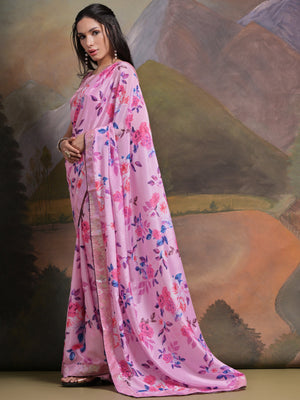Rajwada Pink Printed Chiffon Saree With Unstitched Blouse For Women