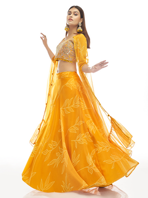 Rajwada Women Mustard Embroidered Organza Semi Stitched Lehenga With Unstitched Blouse