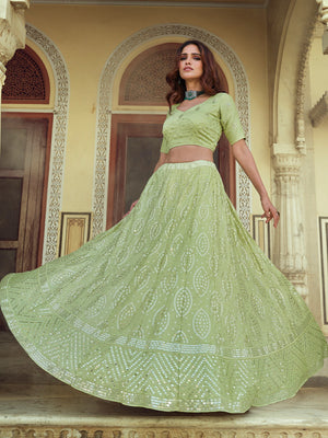 Rajwada Olive Embellished Georgette Semi Stitched Lehenga With Blouse For Women