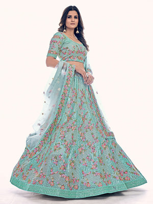 Rajwada Sea Green Embroidered Soft Net Semi Stitched Lehenga With Blouse For Women