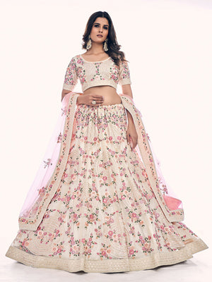 Rajwada Off White Embroidered Soft Net Semi Stitched Lehenga With Blouse For Women