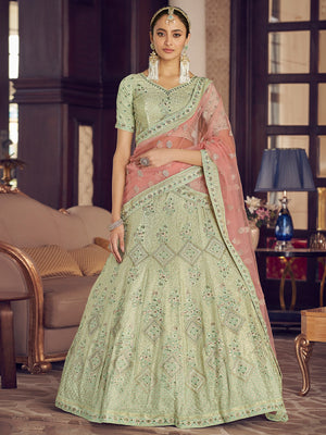 Rajwada Olive Embroidered Crepe Semi Stitched Lehenga With Blouse For Women