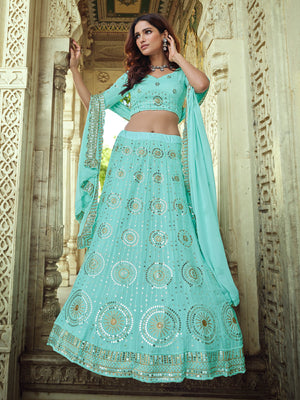 Rajwada Sea Green Embellished Georgette Semi Stitched Lehenga With Blouse For Women