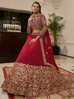 Rajwada Red Embroidered Georgette Semi Stitched Lehenga With Blouse For Women
