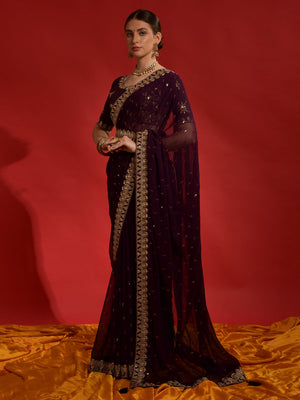 Rajwada Wine Embroidered Georgette Saree With Unstitched Blouse For Women