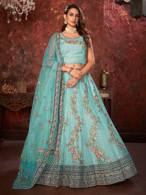 Rajwada Sky Blue Net Embroidered Semi Stitched Lehenga With Unstitched Blouse for Women