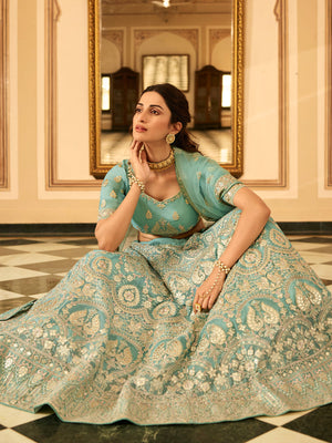 Rajwada Sea Green Embroidered Organza Semi Stitched Lehenga With Blouse For Women