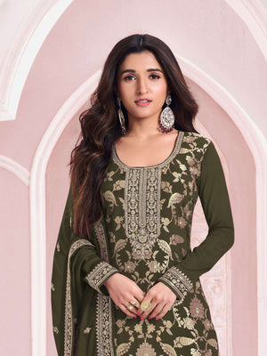 Rajwada Olive Cotton Blend Embroidered Semi-Stitched Kurta Set For Women