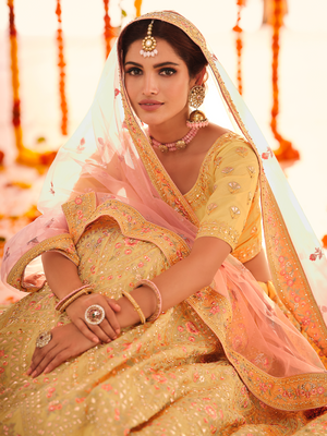 Rajwada Women Yellow Embroidered Organza Semi Stitched Lehenga With Unstitched Blouse