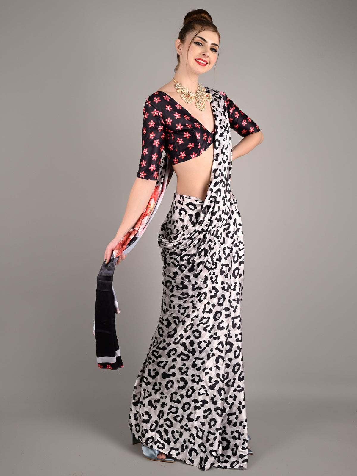 White Satin Crepe Printed Saree With Unstitched Blouse