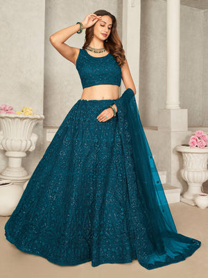 Rajwada Teal Net Embellished Semi Stitched Lehenga With Unstitched Blouse for Women
