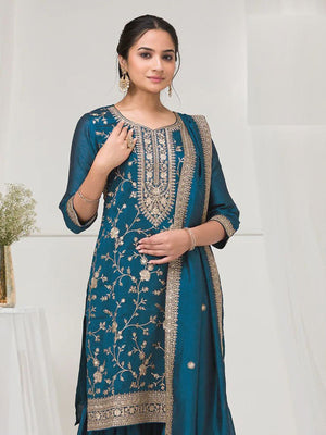 Rajwada Teal Blue Silk Blend Embroidered Semi-Stitched Kurta Set For Women