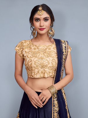 Rajwada Women Dark Blue Embroidered Art Silk Semi Stitched Lehenga With Unstitched Blouse