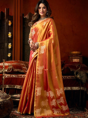Rajwada Rust Orange Silk Blend Solid Saree For Women